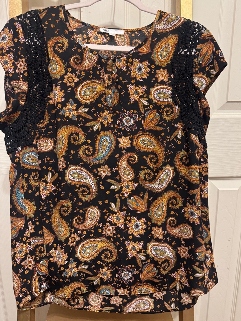 DR2 Black Paisley Short Sleeve Top with Gold & Teal Accents